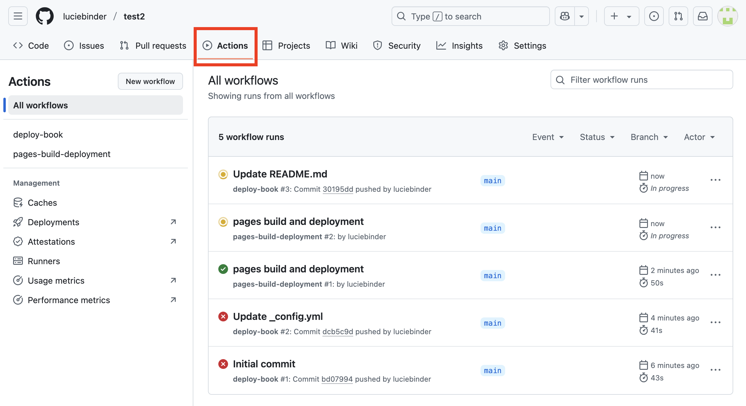 Image of the workflow "pages build and deployment" with a green checkmark.