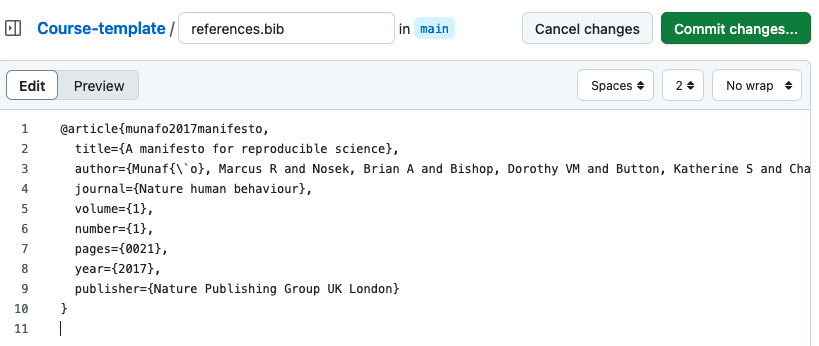 Image of the newly created bibtex file with one example reference.