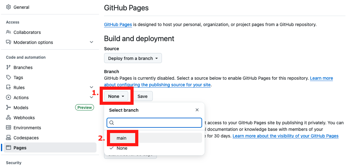 Image of the settings under Branch.