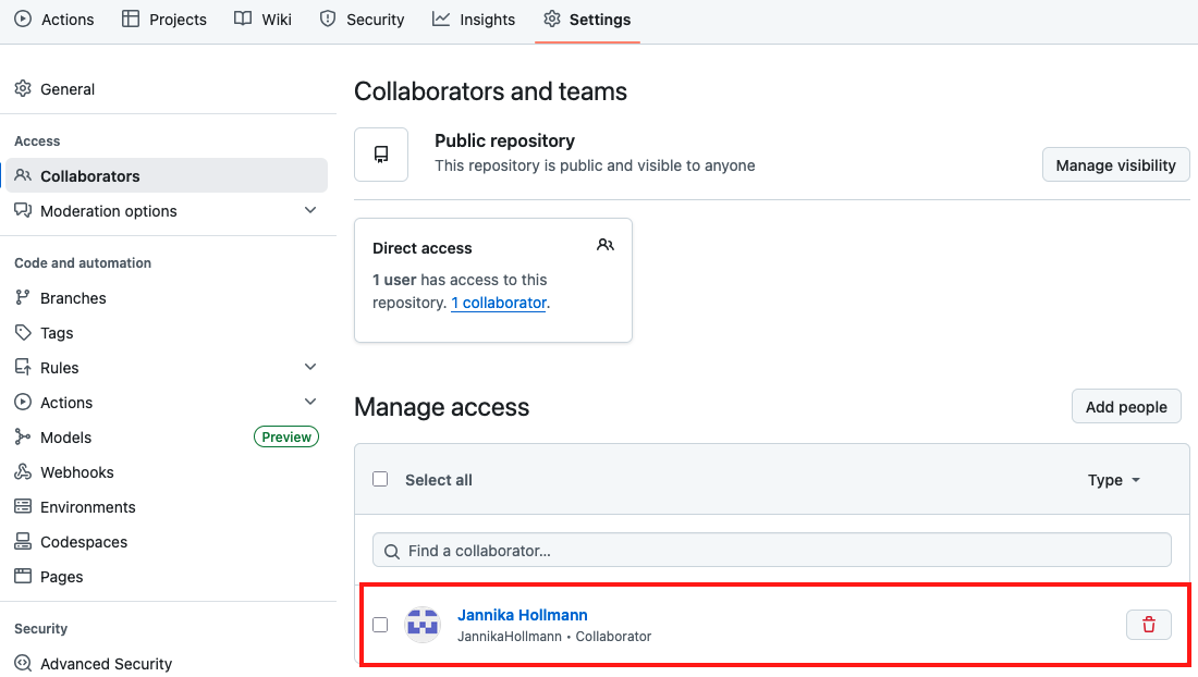 Image showing the GitHub settings where collaborators are added