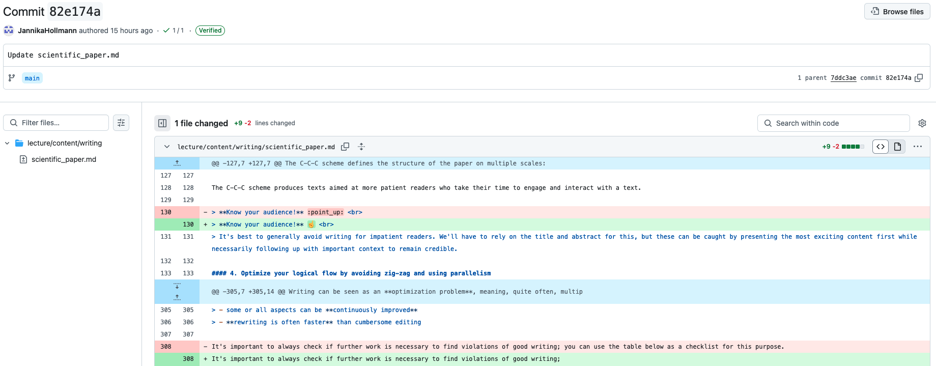 Image of tracked changes in one commit example