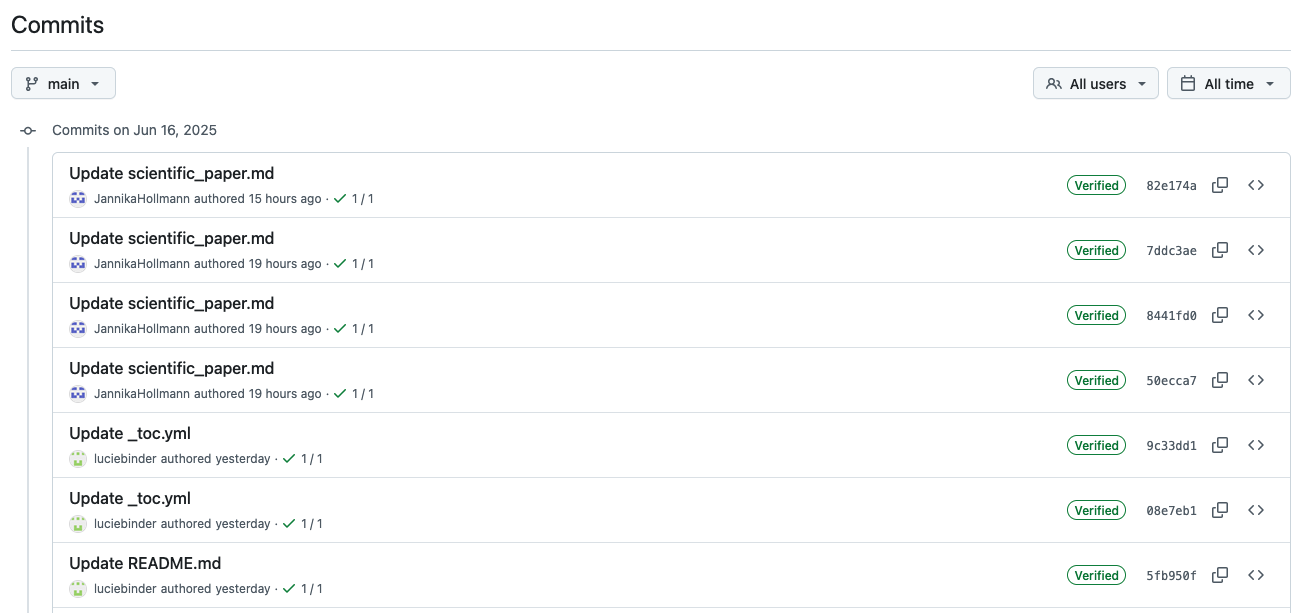 Image of a list of commits on GitHub