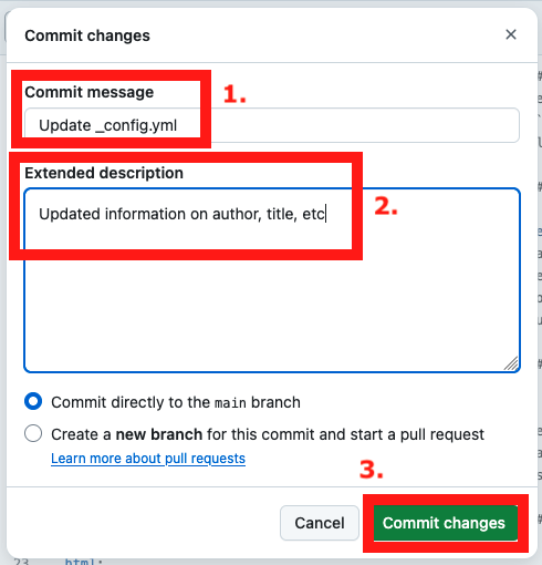 Image of the pop-up window in which one can write the commit message