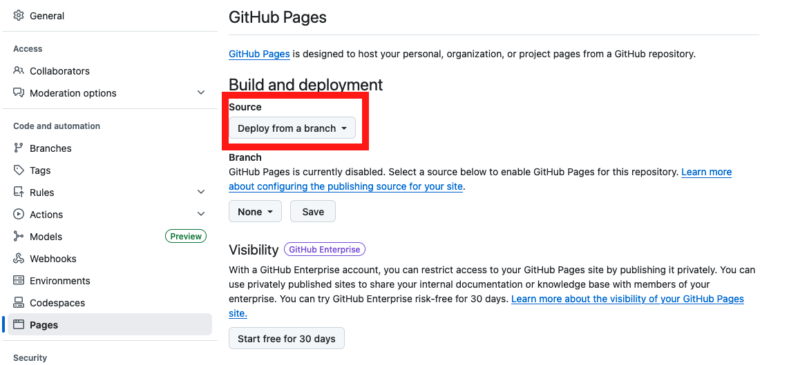Image of the deploy from branch setting.