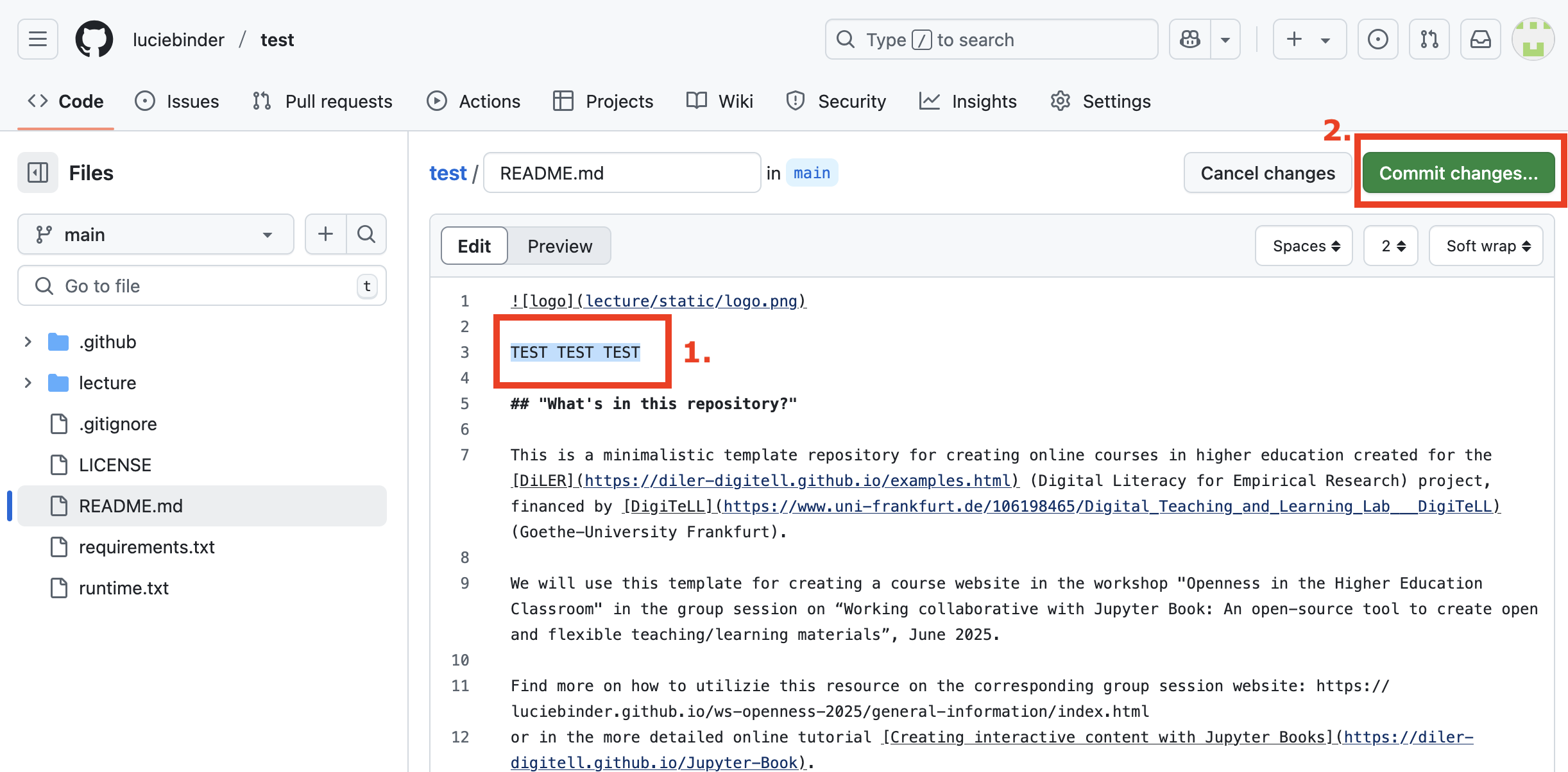 Image of the README file that is edited.