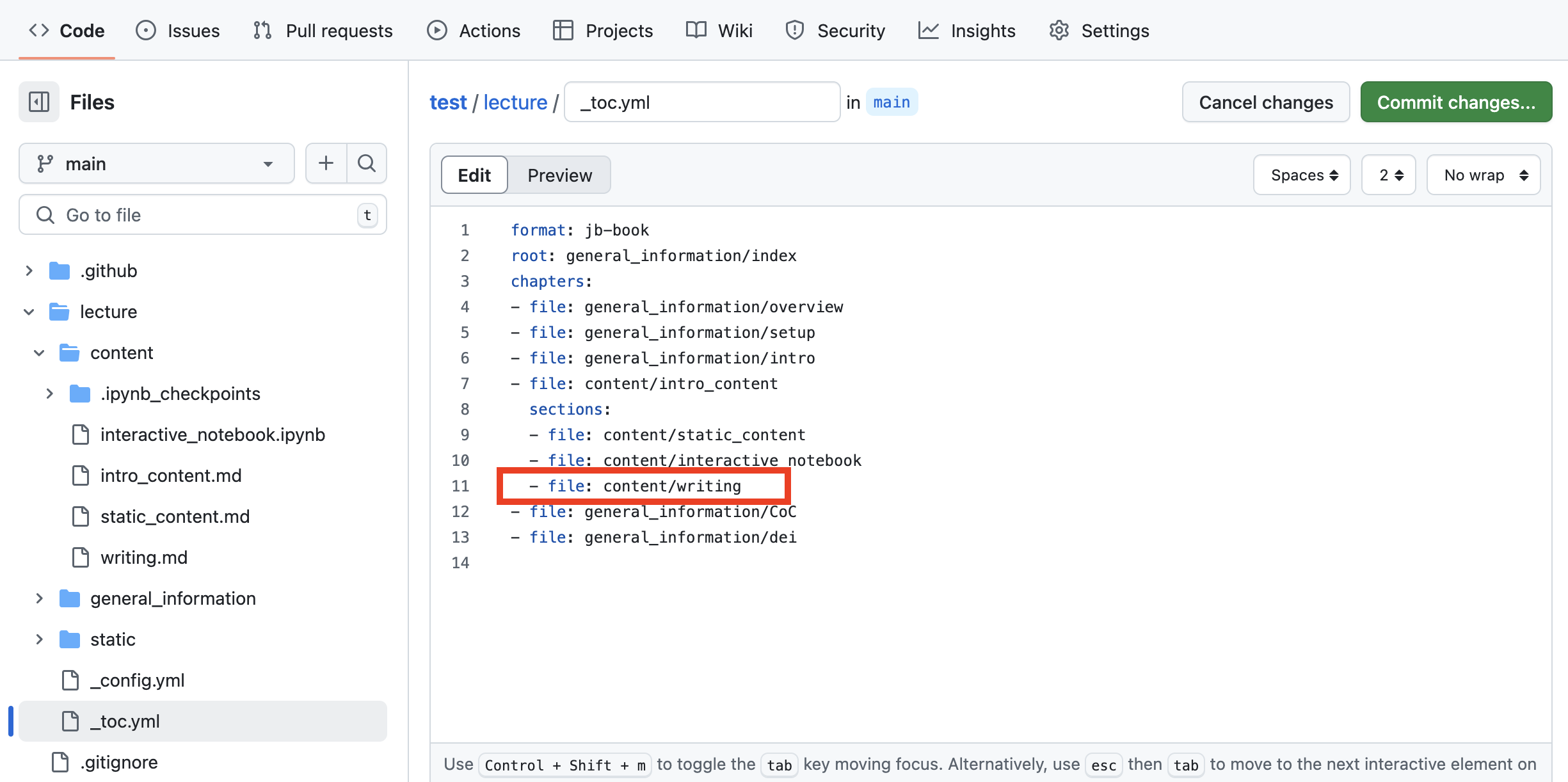 Image of the edited toc file.