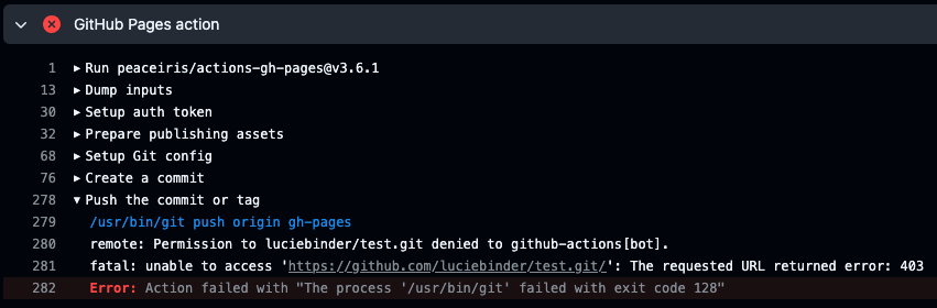 Image of a failed workflow due to missing workflow permissions.