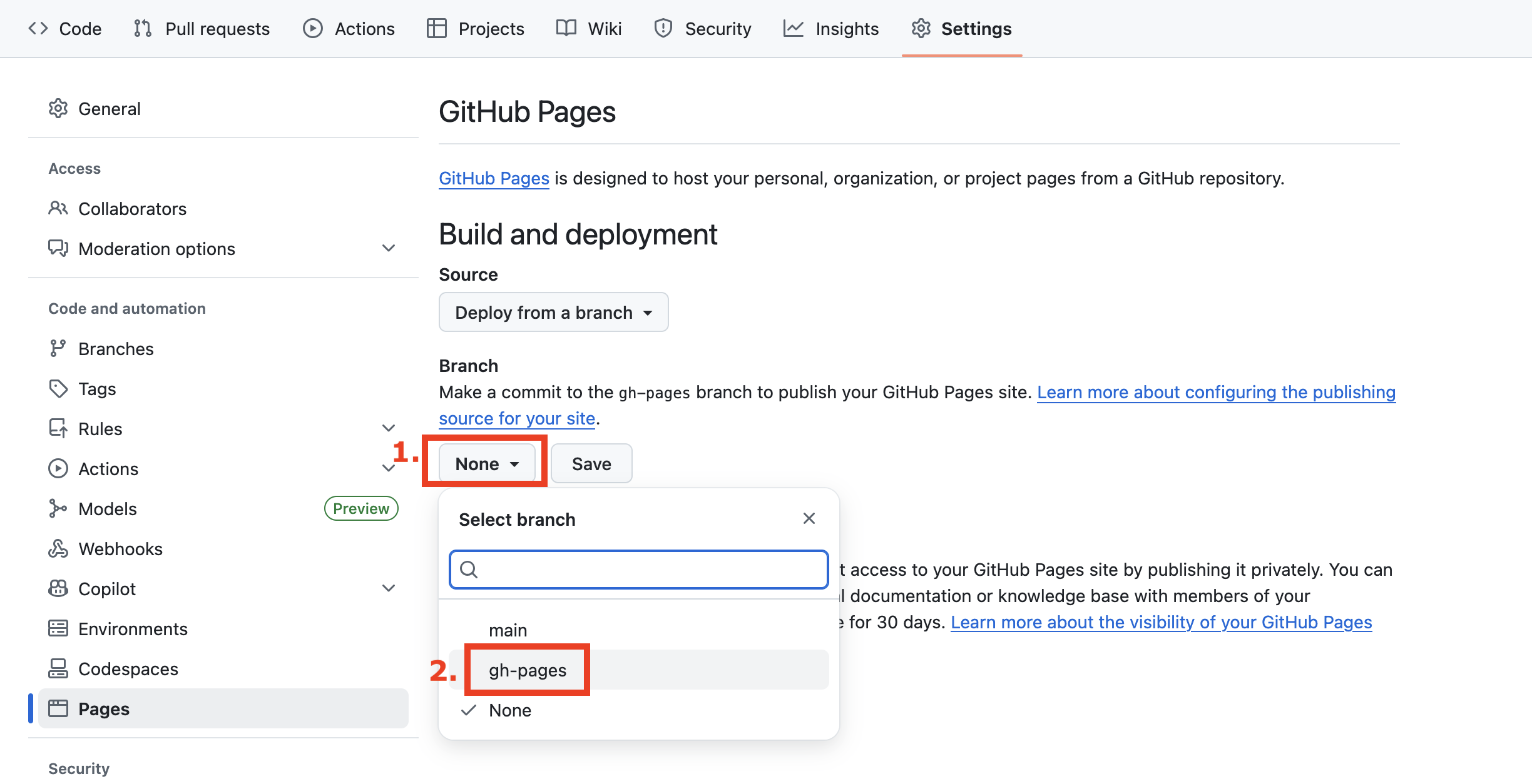 Image of the settings under Branch.