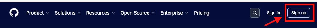 Image of the GitHub website's upper header with an arrow pointing to the "Sign up" button.