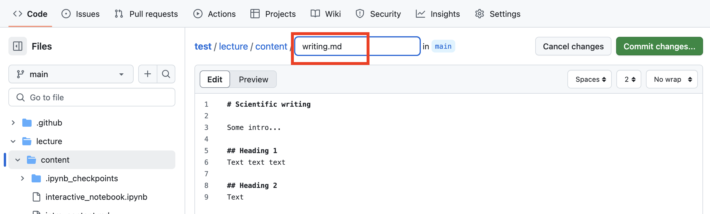 Image of the field where the file name is entered, with "writing.md" written in it.