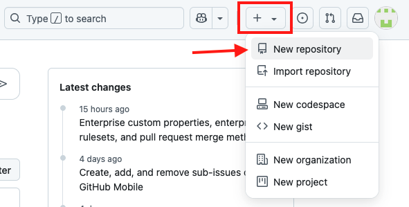 Image of the GitHub header highlighting the plus sign icon, indicating where to click to create a new repository.