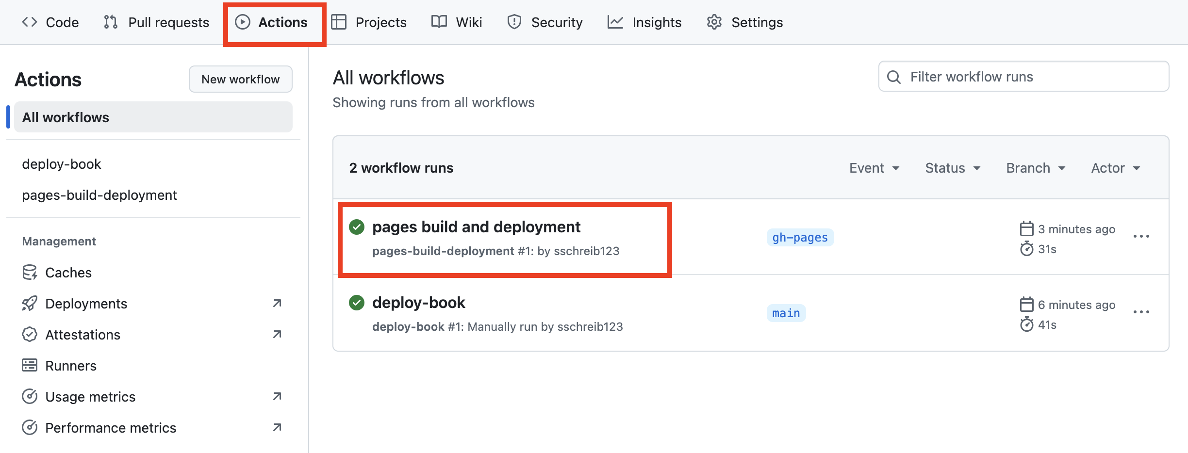 Image of the workflow "pages build and deployment" with a green checkmark.