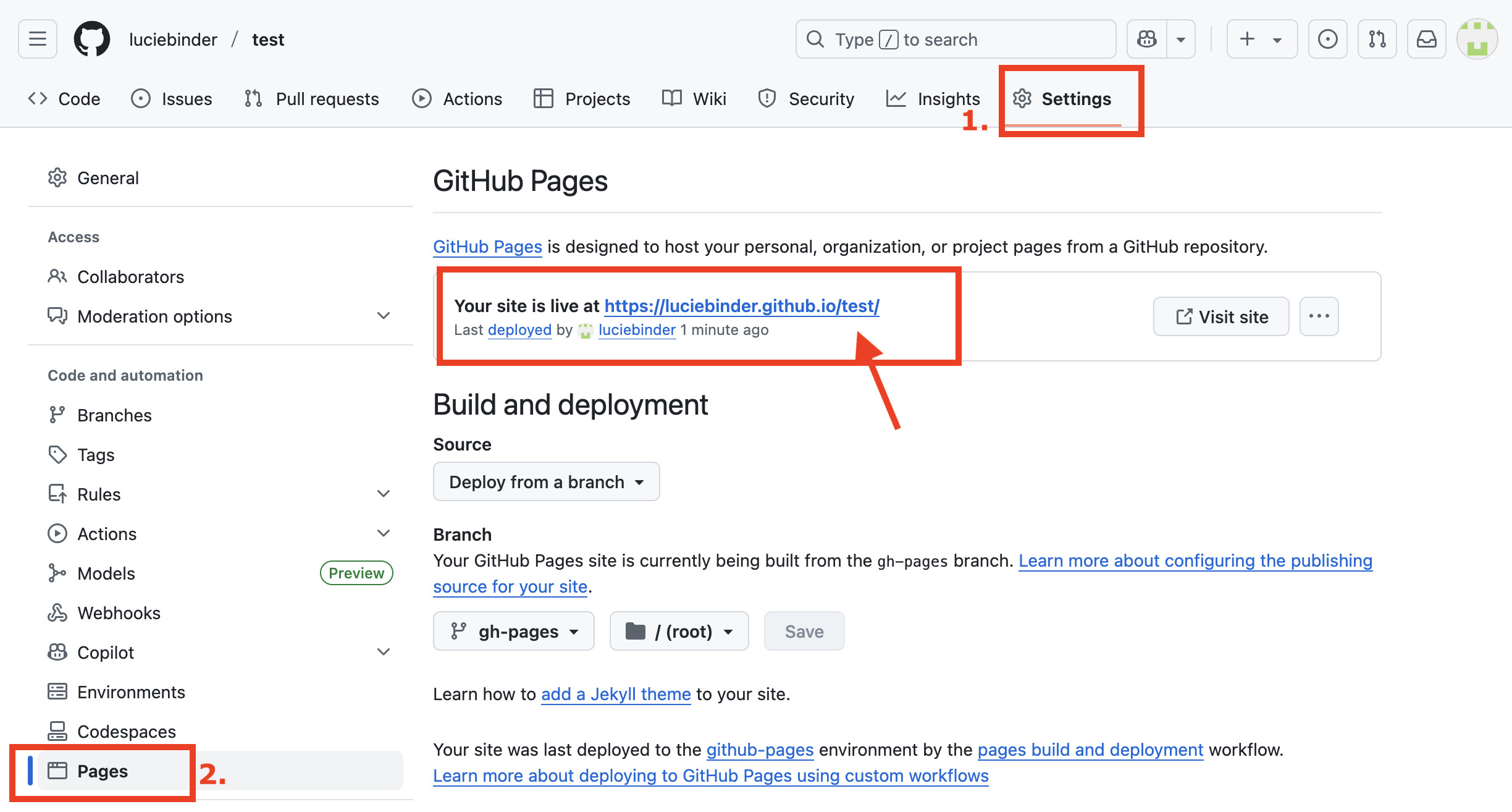 Image of the final link that is presented under "GitHub Pages".
