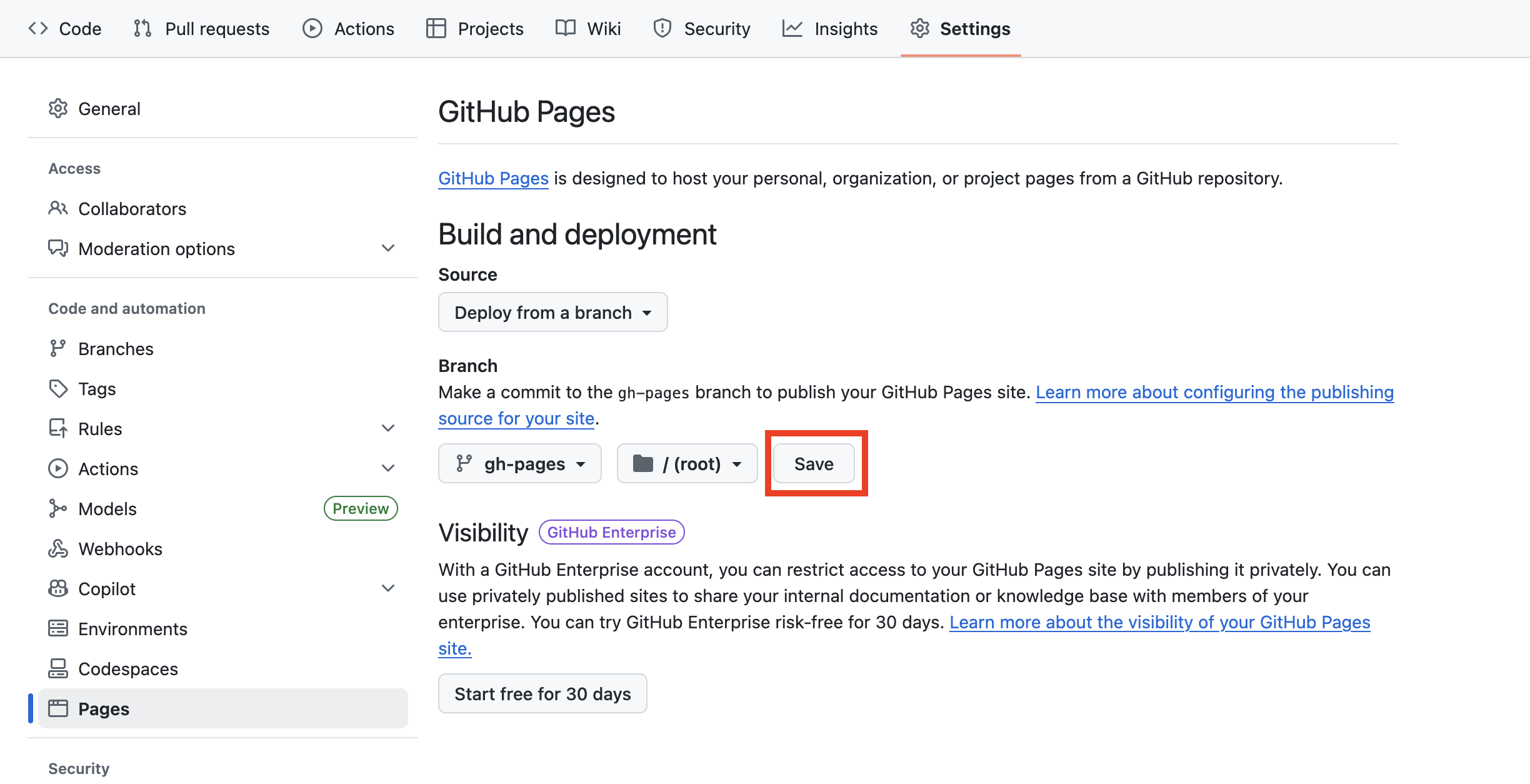 Image of the settings under Branch.