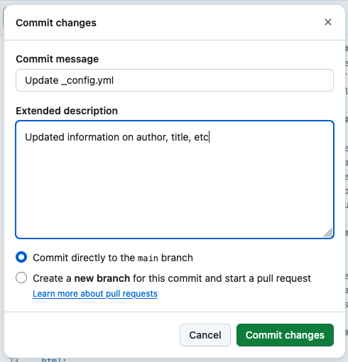 Image of the pop-up window in which one can write the commit message
