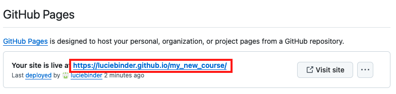 Image of the final link that is presented under "GitHub Pages".